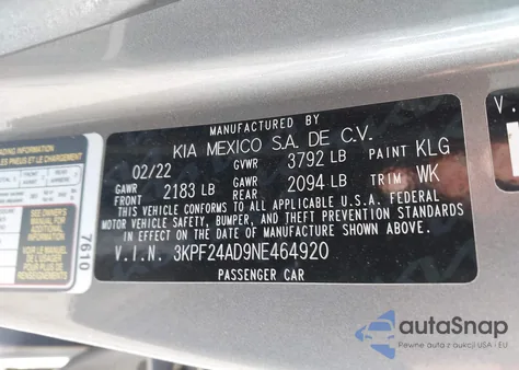 2022 Kia Forte Lxs из США, поврежденный, VIN 3KPF24AD9NE464920